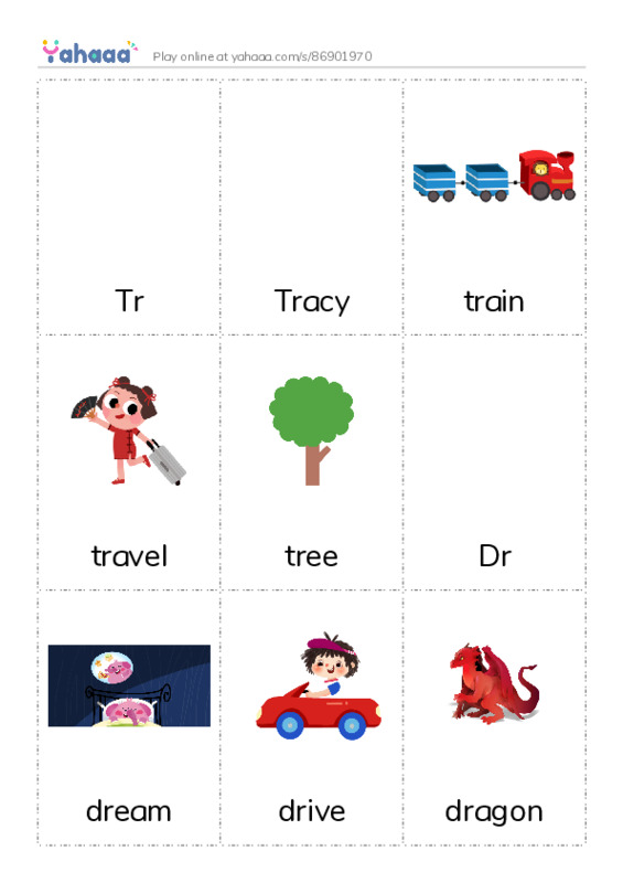 Picture flashcards worksheet for Tr, Tracy, train and 7 more