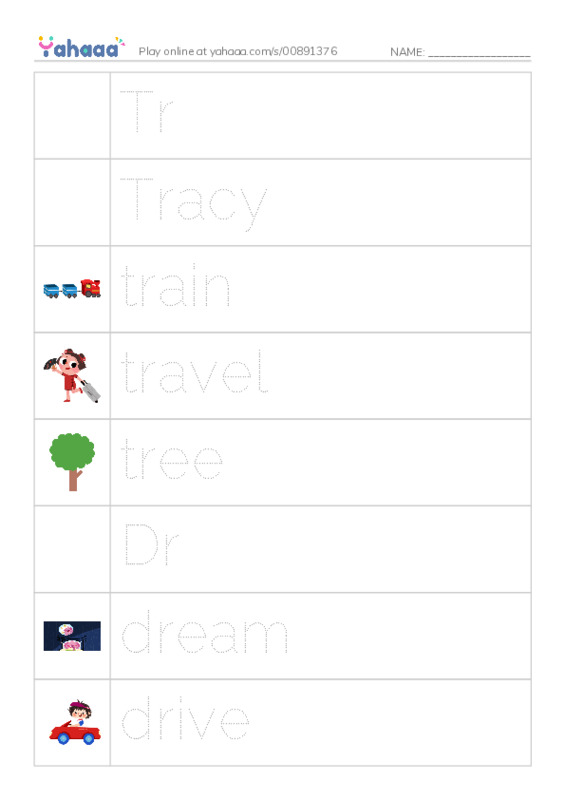 Picture and word rows worksheet for Tr, Tracy, train and 7 more