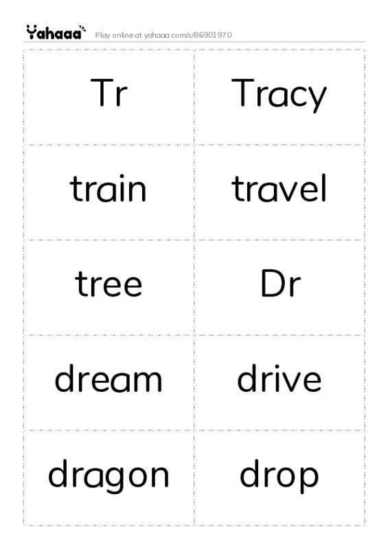 Word flashcards worksheet for Tr, Tracy, train and 7 more