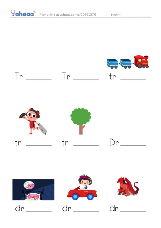 Finish the word worksheet for Tr, Tracy, train and 7 more