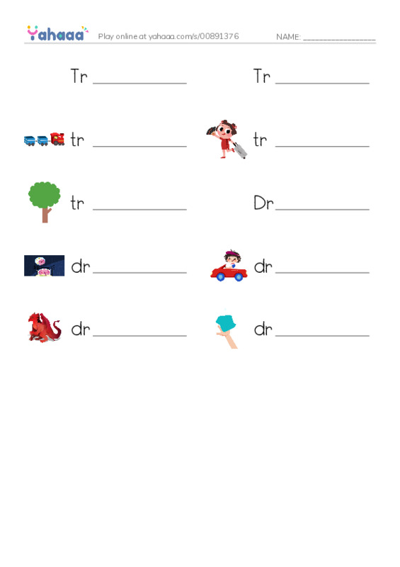 Write the word rows worksheet for Tr, Tracy, train and 7 more