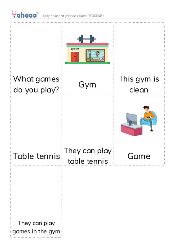 Picture flashcards worksheet for What games do you play?, Gym, This gym is clean and 4 more