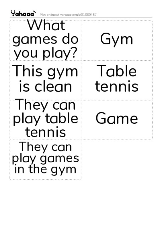 Word flashcards worksheet for What games do you play?, Gym, This gym is clean and 4 more