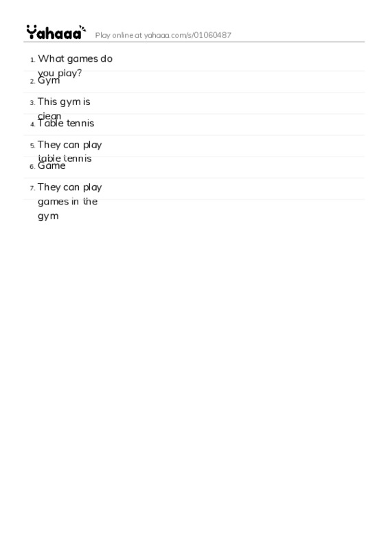Word list with meanings worksheet for What games do you play?, Gym, This gym is clean and 4 more
