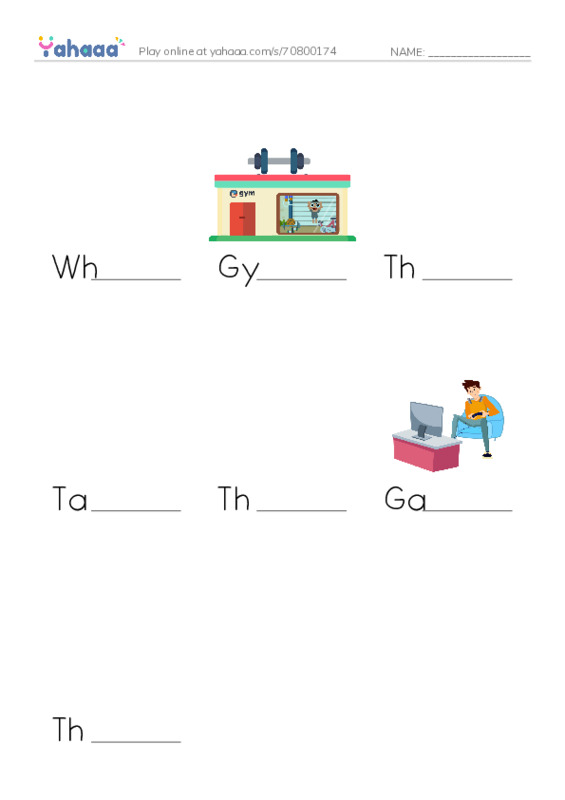 Finish the word worksheet for What games do you play?, Gym, This gym is clean and 4 more