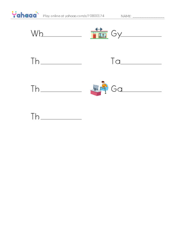 Write the word rows worksheet for What games do you play?, Gym, This gym is clean and 4 more