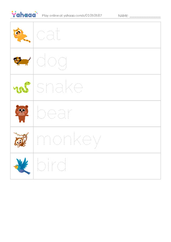 Picture and word rows worksheet for Animal