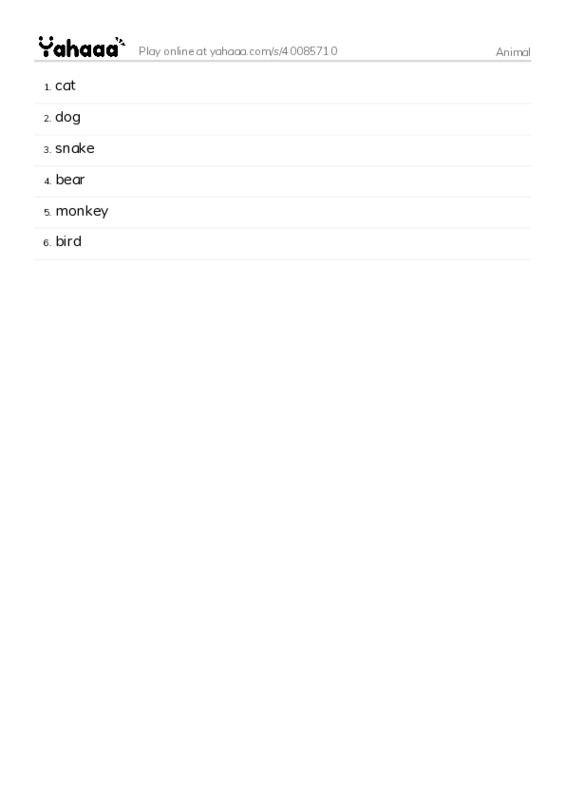 Word list with meanings worksheet for Animal