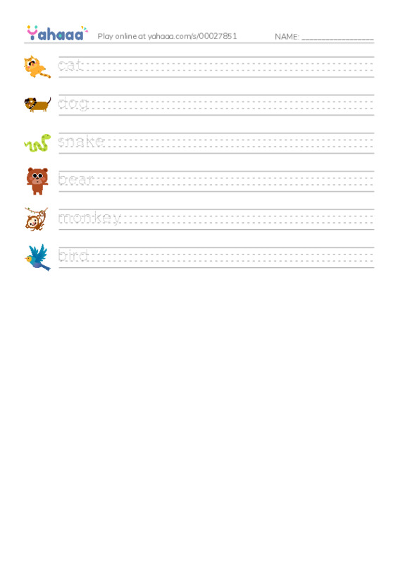 Handwriting lines worksheet for Animal
