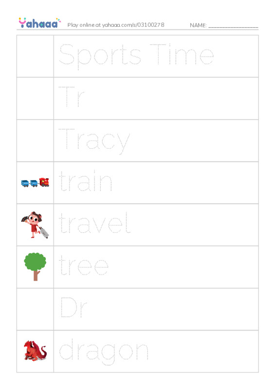 Picture and word rows worksheet for Sports Time, Tr, Tracy and 14 more