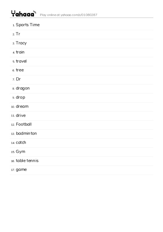Word list with meanings worksheet for Sports Time, Tr, Tracy and 14 more