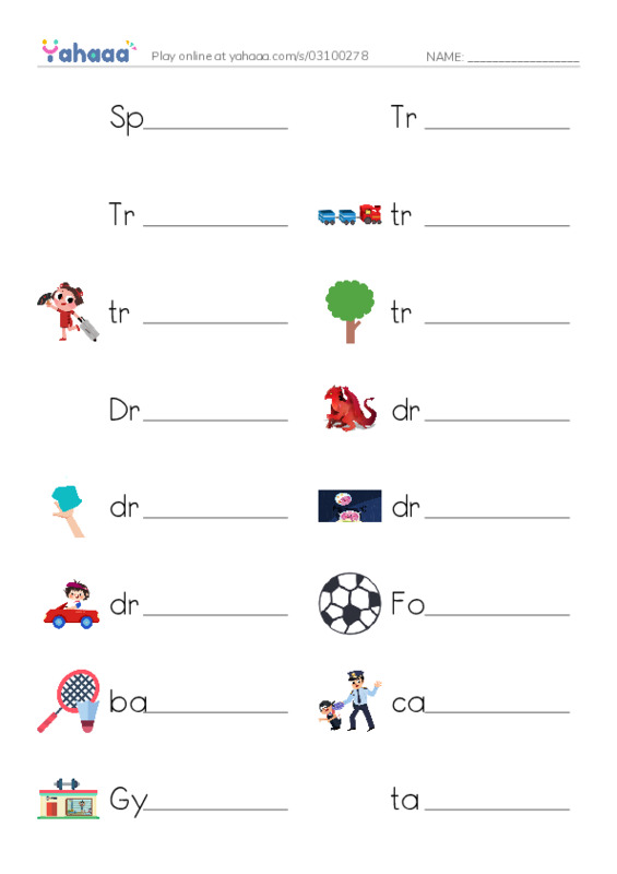 Write the word rows worksheet for Sports Time, Tr, Tracy and 14 more