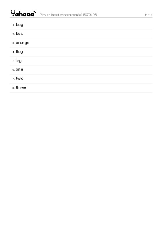 Word list with meanings worksheet for Unit 3