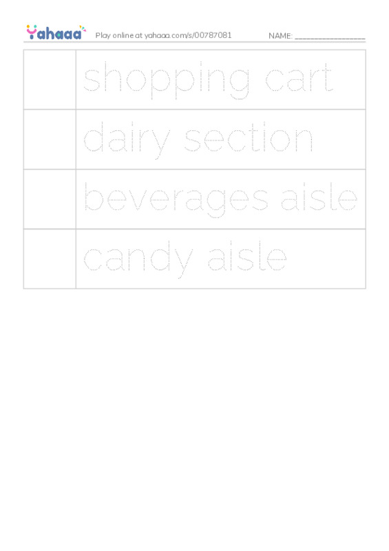 Picture and word rows worksheet for Go to shopping