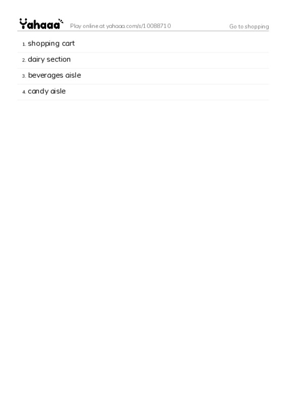 Word list with meanings worksheet for Go to shopping