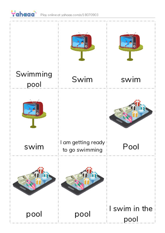 Picture flashcards worksheet for Swimming pool, Swim, swim and 9 more