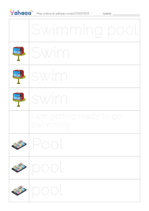 Picture and word rows worksheet for Swimming pool, Swim, swim and 9 more