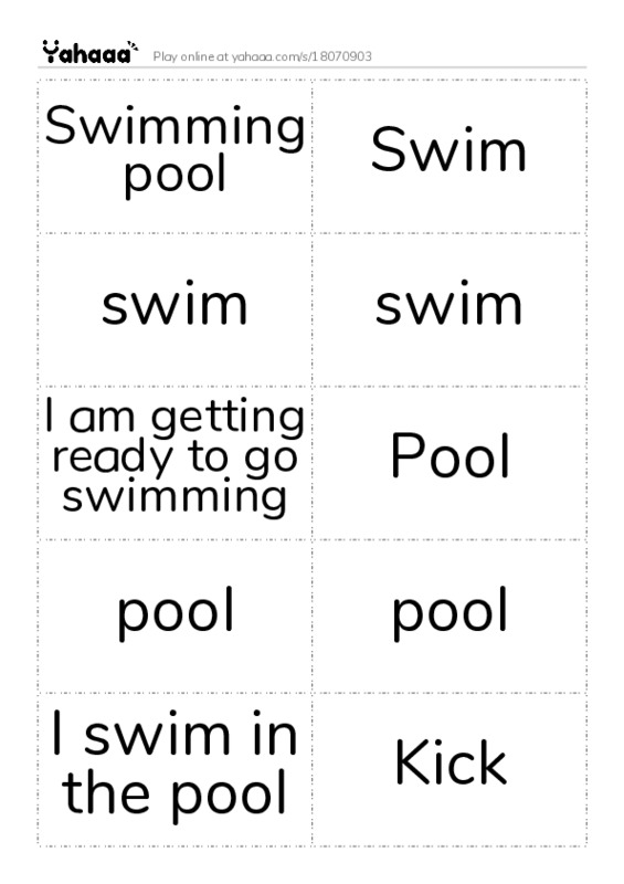 Word flashcards worksheet for Swimming pool, Swim, swim and 9 more