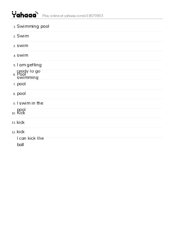 Word list with meanings worksheet for Swimming pool, Swim, swim and 9 more