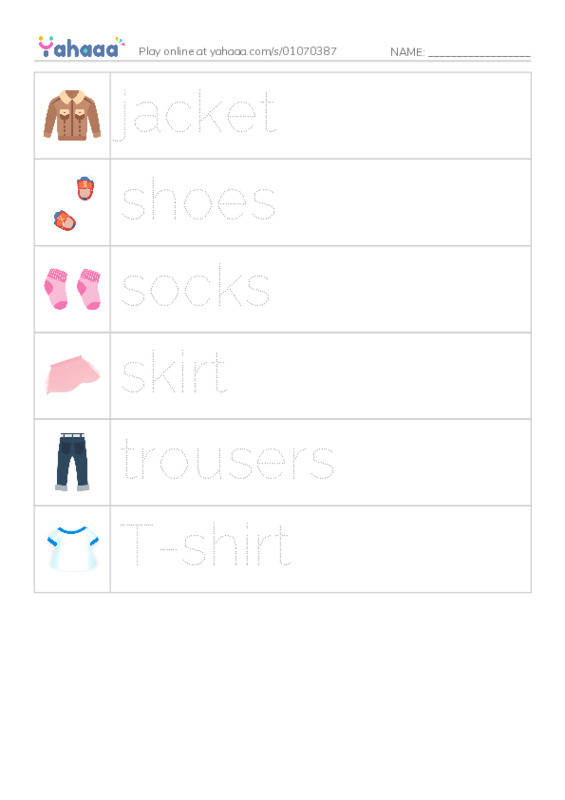Picture and word rows worksheet for clothes