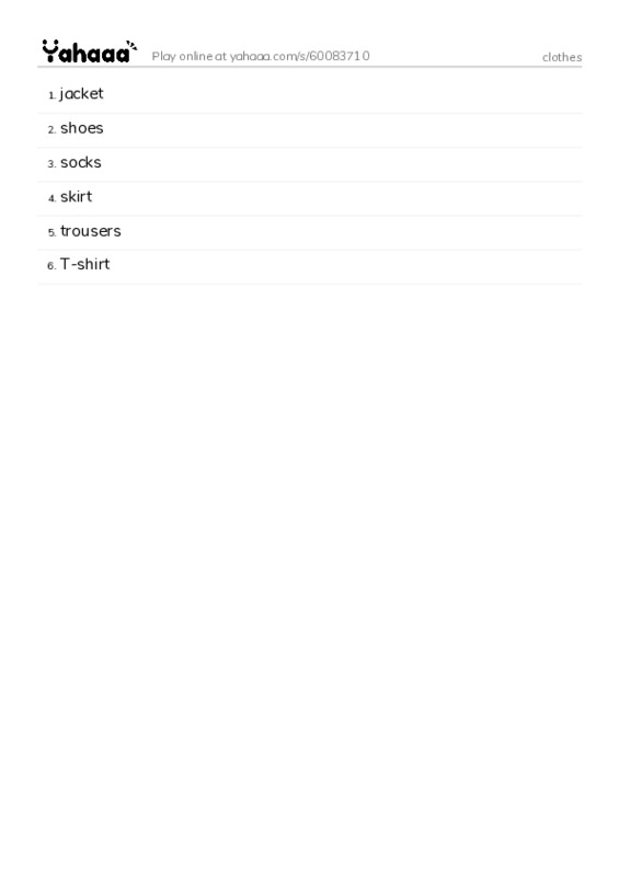 Word list with meanings worksheet for clothes