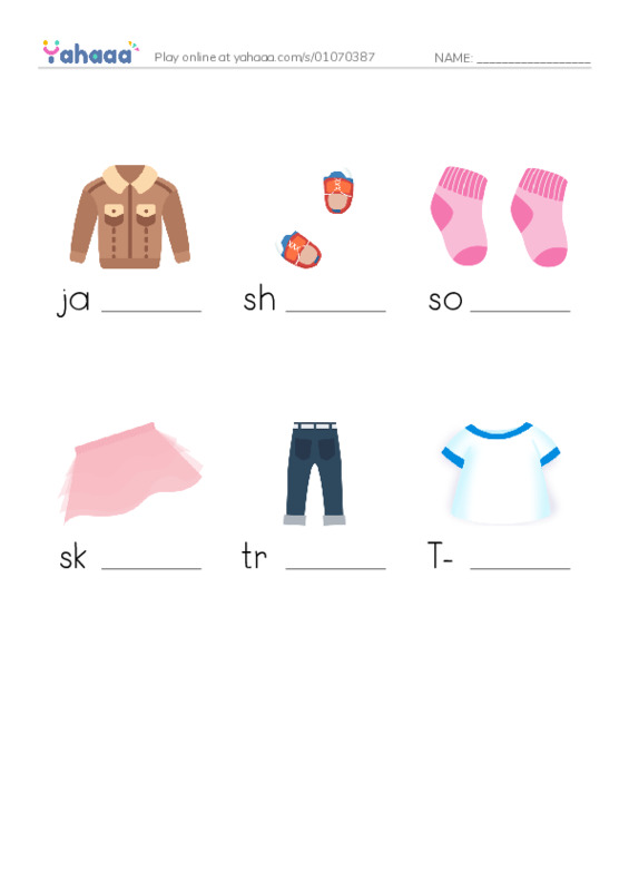 Finish the word worksheet for clothes