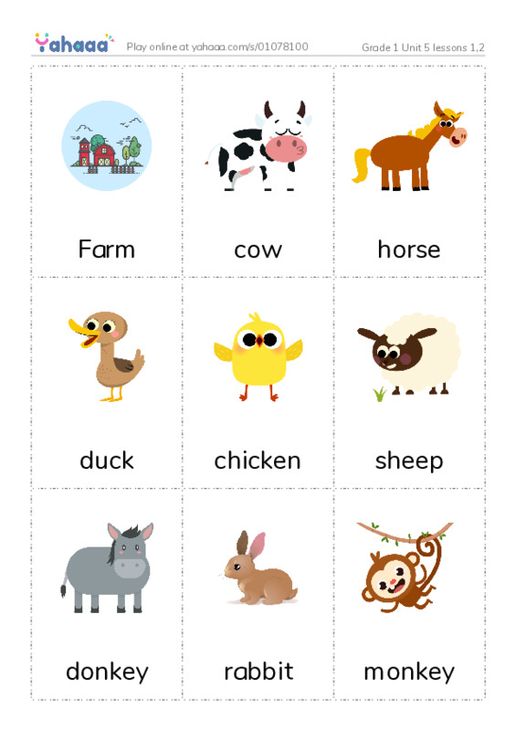 Picture flashcards worksheet for Grade 1 Unit 5 lessons 1,2