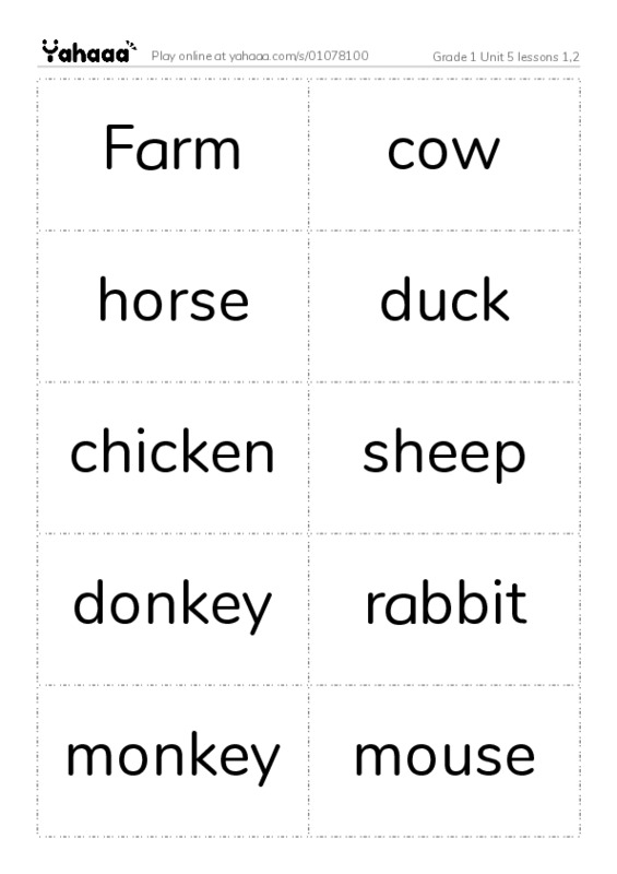 Word flashcards worksheet for Grade 1 Unit 5 lessons 1,2