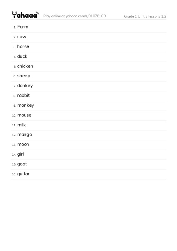 Word list with meanings worksheet for Grade 1 Unit 5 lessons 1,2