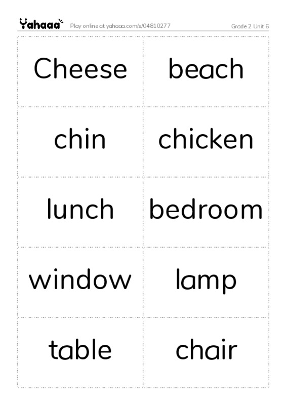 Word flashcards worksheet for Grade 2 Unit 6