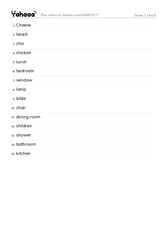 Word list with meanings worksheet for Grade 2 Unit 6