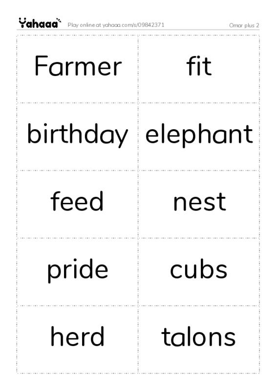 Word flashcards worksheet for Omar plus 2