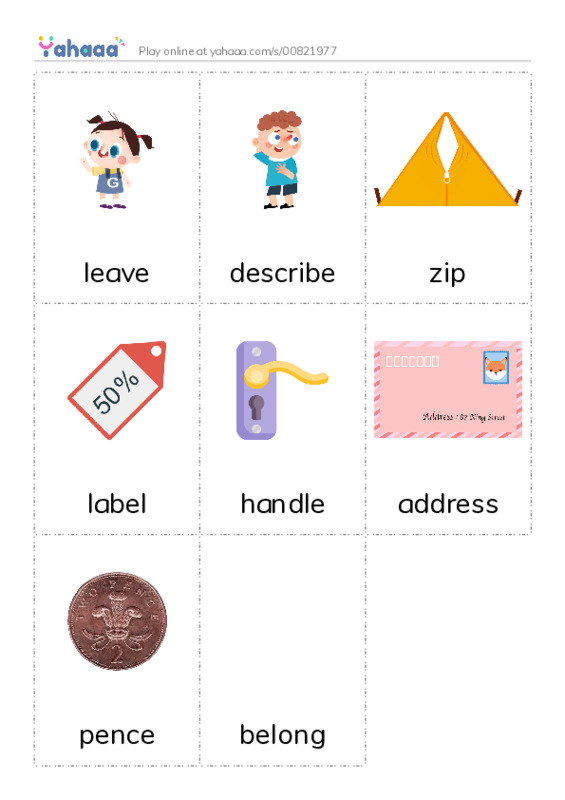 Picture flashcards worksheet for leave, describe, zip and 5 more