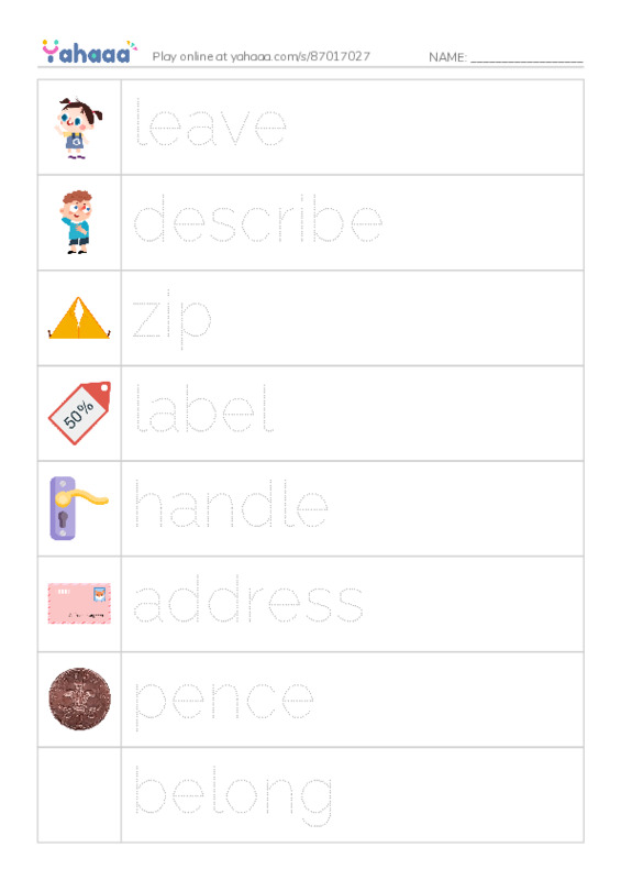 Picture and word rows worksheet for leave, describe, zip and 5 more