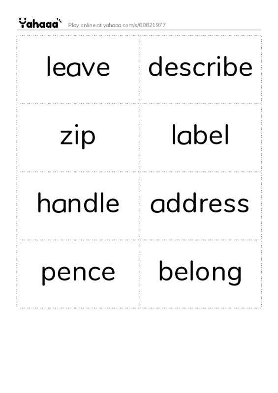 Word flashcards worksheet for leave, describe, zip and 5 more