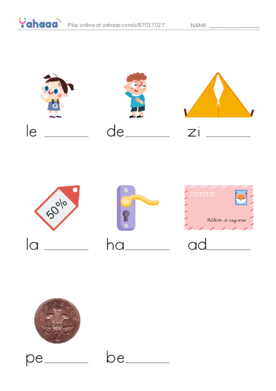 Finish the word worksheet for leave, describe, zip and 5 more