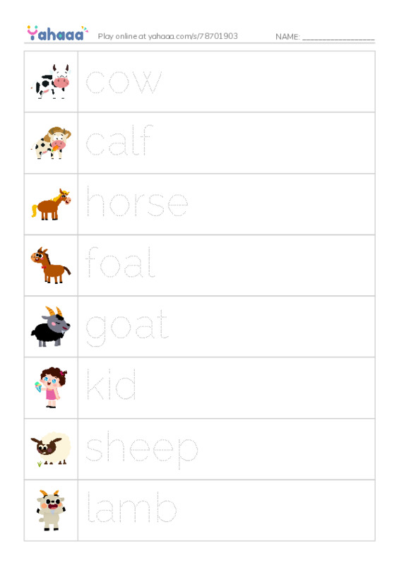 Picture and word rows worksheet for ANIMALS