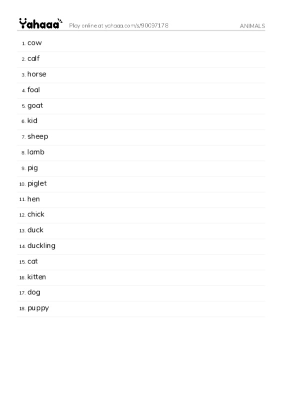 Word list with meanings worksheet for ANIMALS