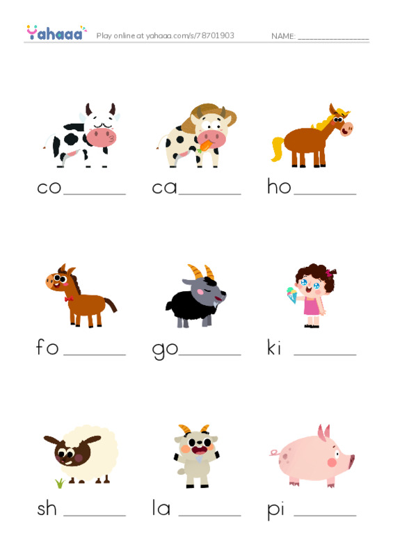 Finish the word worksheet for ANIMALS