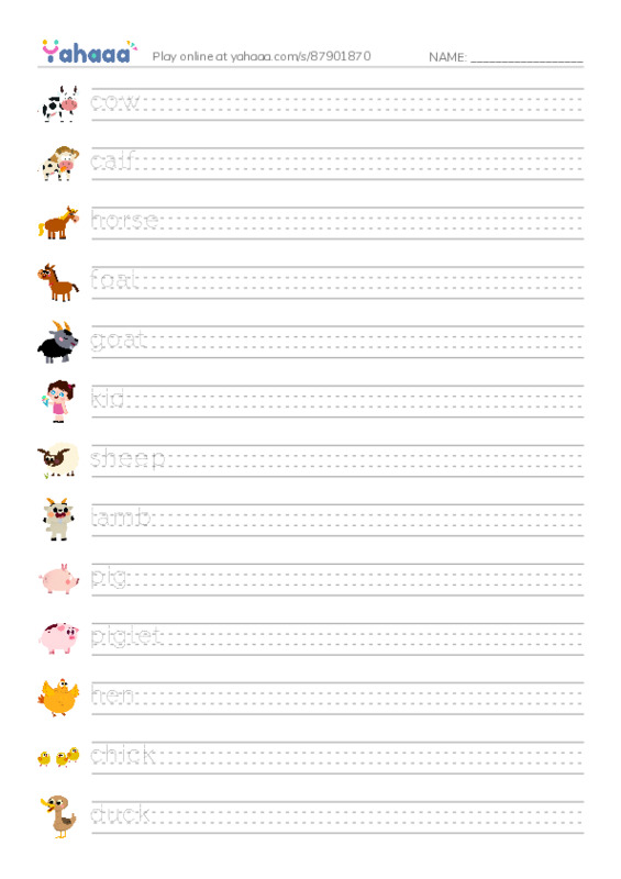 Handwriting lines worksheet for ANIMALS