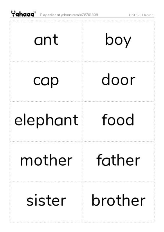 Word flashcards worksheet for Unit 1-5 I learn 1