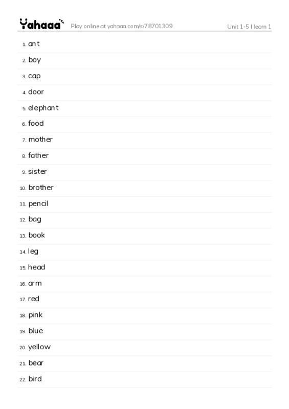Word list with meanings worksheet for Unit 1-5 I learn 1