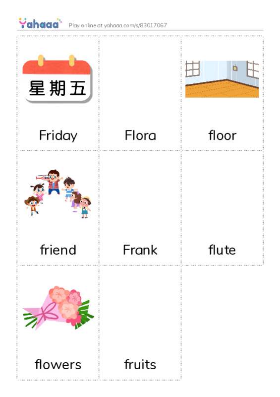 Picture flashcards worksheet for Friday, Flora, floor and 5 more