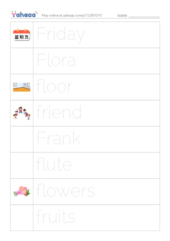 Picture and word rows worksheet for Friday, Flora, floor and 5 more