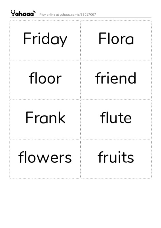Word flashcards worksheet for Friday, Flora, floor and 5 more