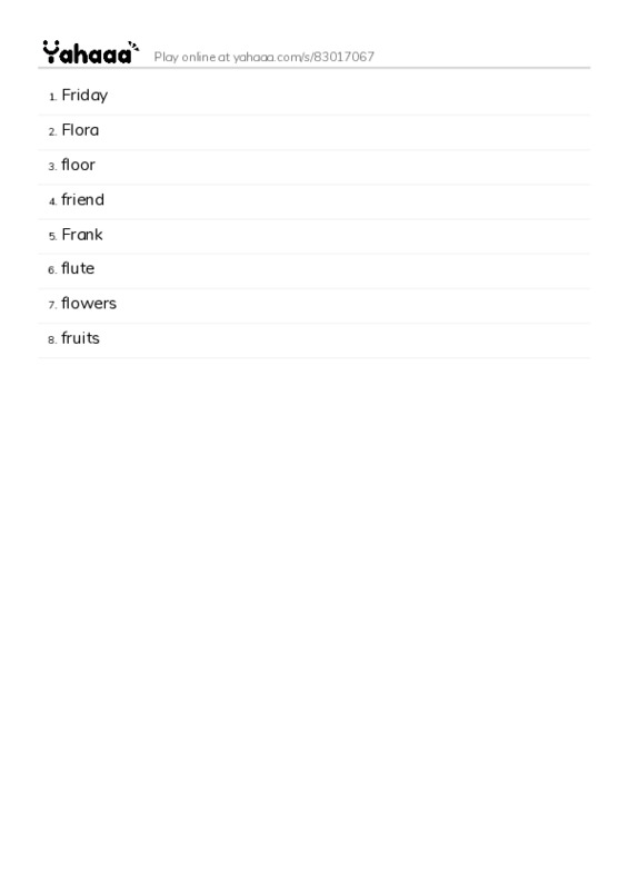 Word list with meanings worksheet for Friday, Flora, floor and 5 more