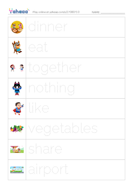 Picture and word rows worksheet for Practice telling a story