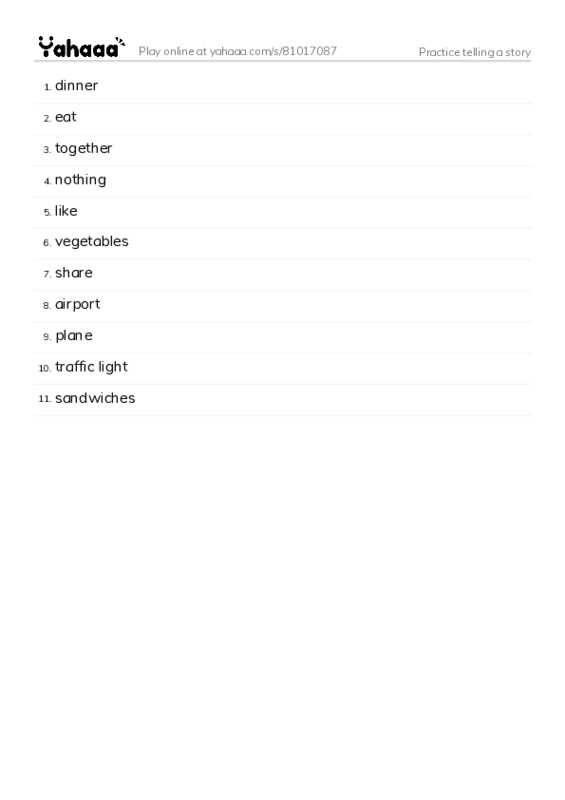 Word list with meanings worksheet for Practice telling a story