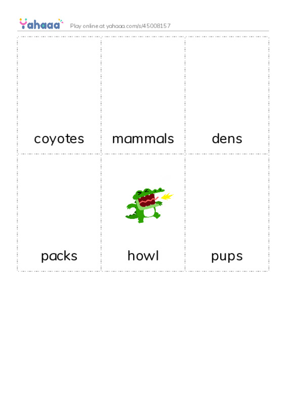 Picture flashcards worksheet for coyotes, mammals, dens and 3 more