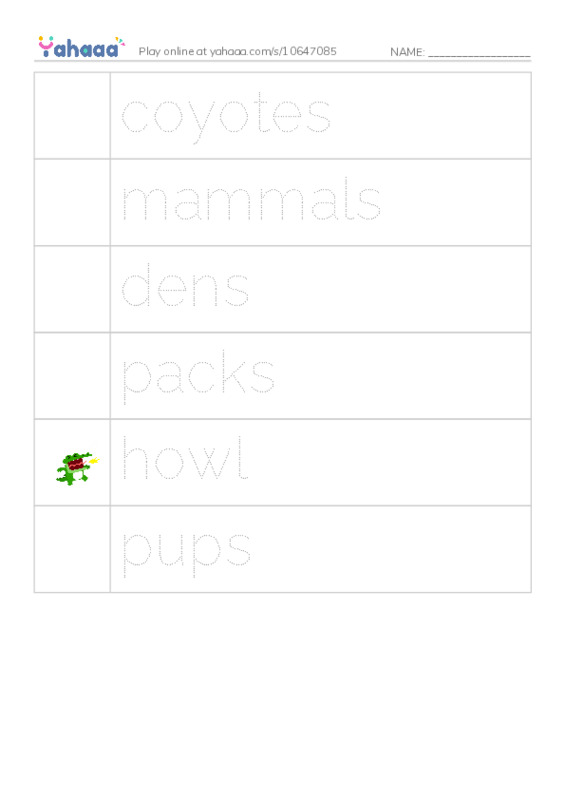 Picture and word rows worksheet for coyotes, mammals, dens and 3 more